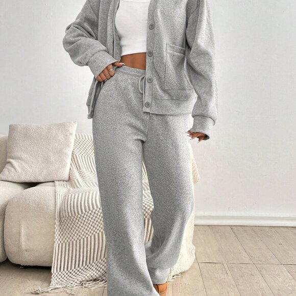 Grey Casual Women's Set Outfit V-Neck Buttoned Top With Pockets - Picture 5 of 6